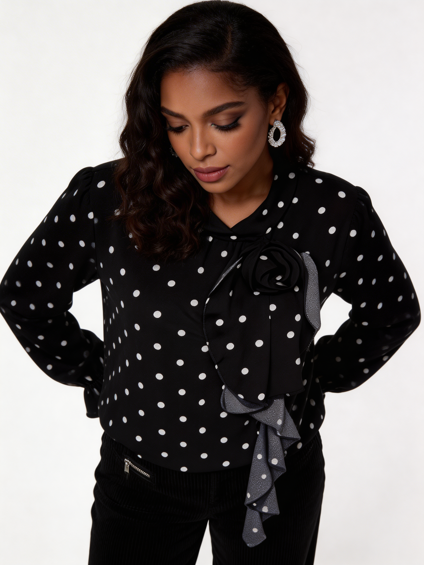Elegant Polka Dot Ruffle Tie-Neck Blouse - Black