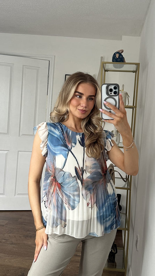 Ethereal Floral Pleated Flutter Sleeve Blouse - Sky Blue