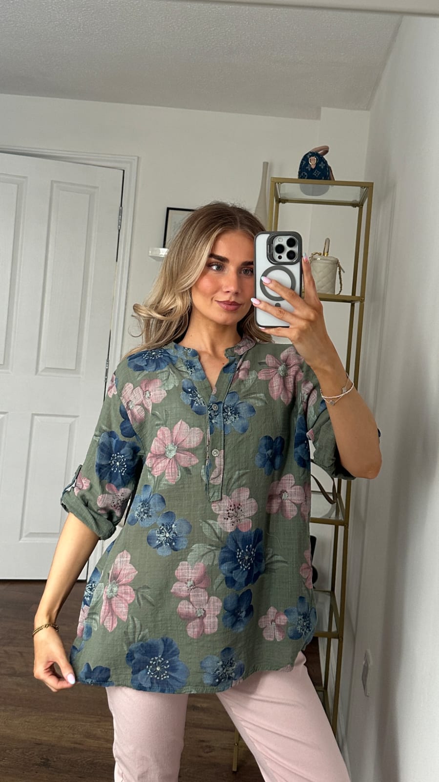 Botanical Print Roll-Tab Tunic Shirt - Khaki