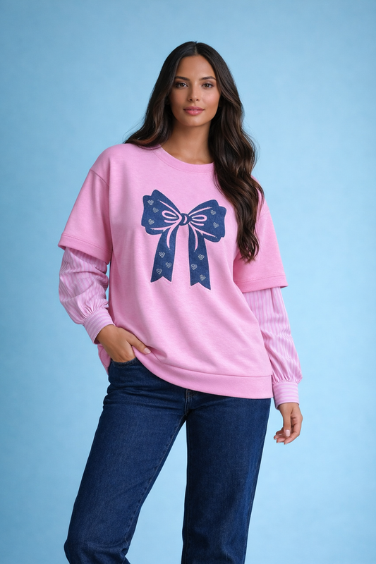 Ladies Bow Print Layered-Look Sweatshirt Top – Fucshia