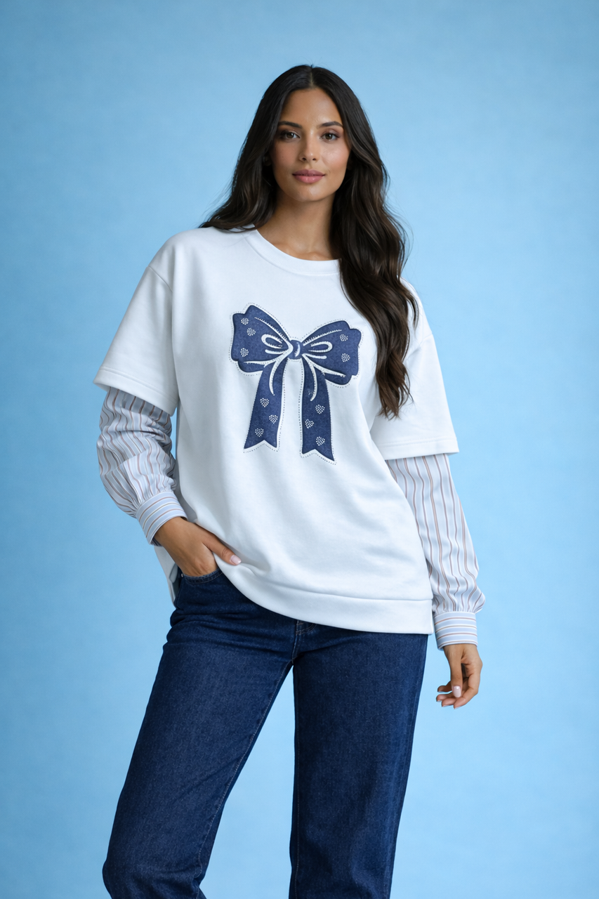Ladies Bow Print Layered-Look Sweatshirt Top – White