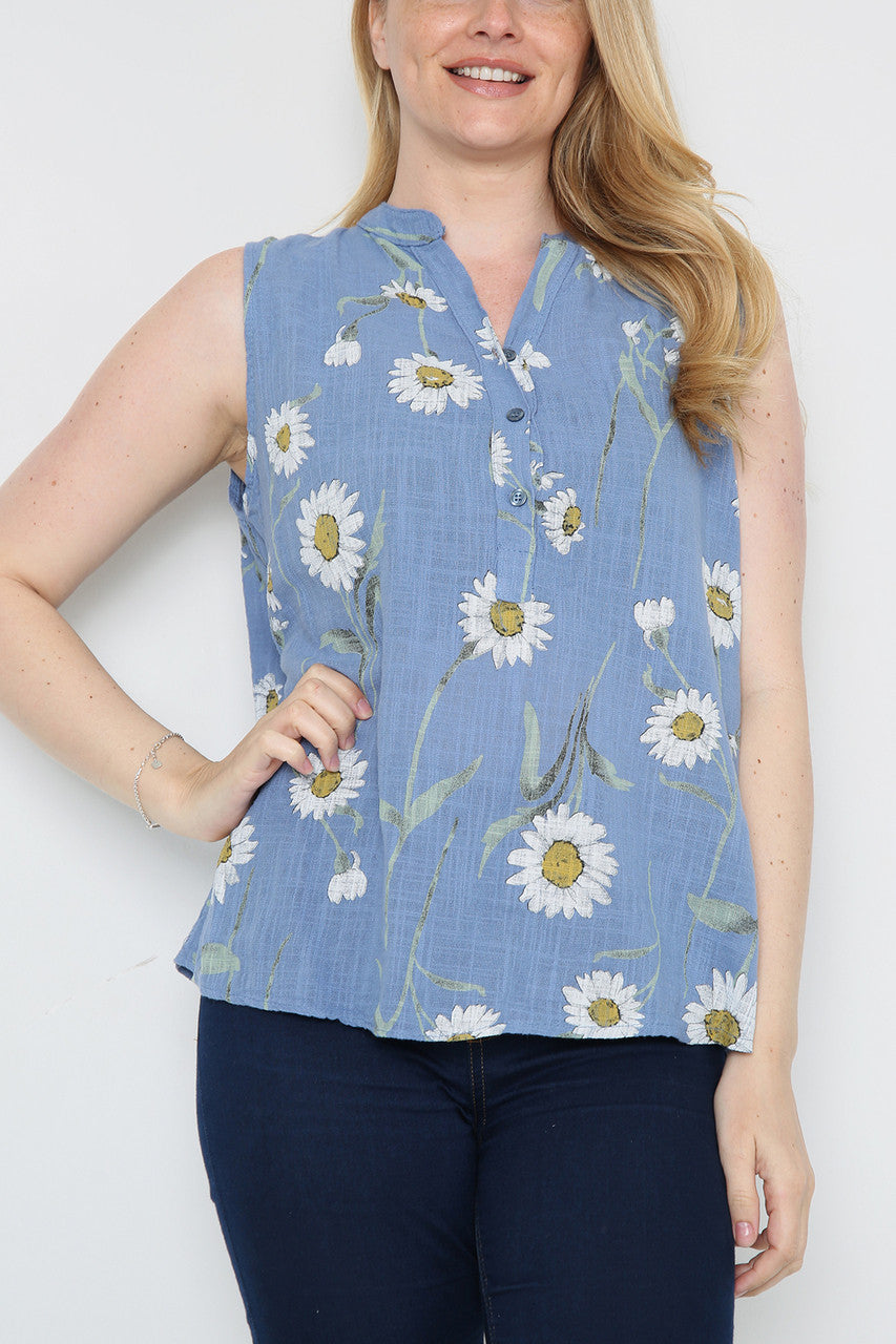 Ladies Sleeveless Daisy Print Top  Denim