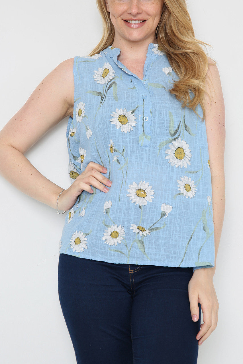 Ladies Sleeveless Daisy Print Top Light Blue