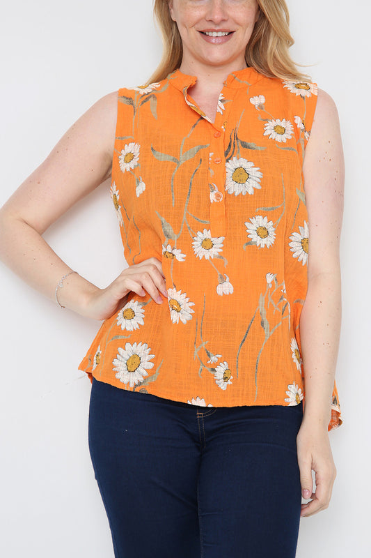 Ladies Sleeveless Daisy Print Top Orange