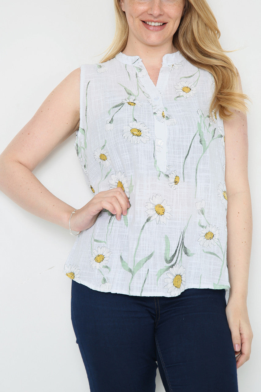 Ladies Sleeveless Daisy Print Top White