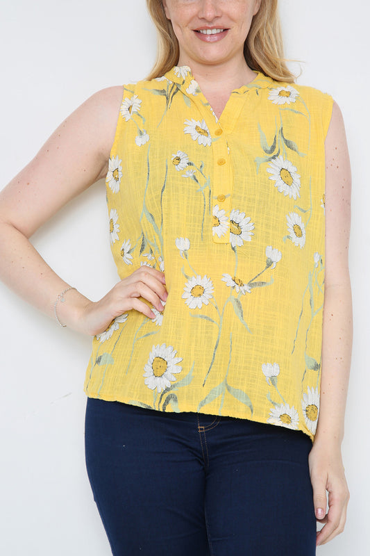 Ladies Sleeveless Daisy Print Top Mustard