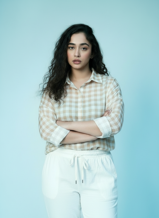 Gingham Relaxed Fit Button-Down Shirt - Beige