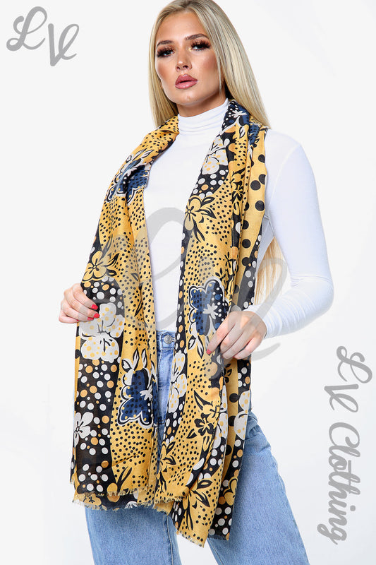 Mustard yellow scarf with navy and cream butterfly spot print, long fringeless ends