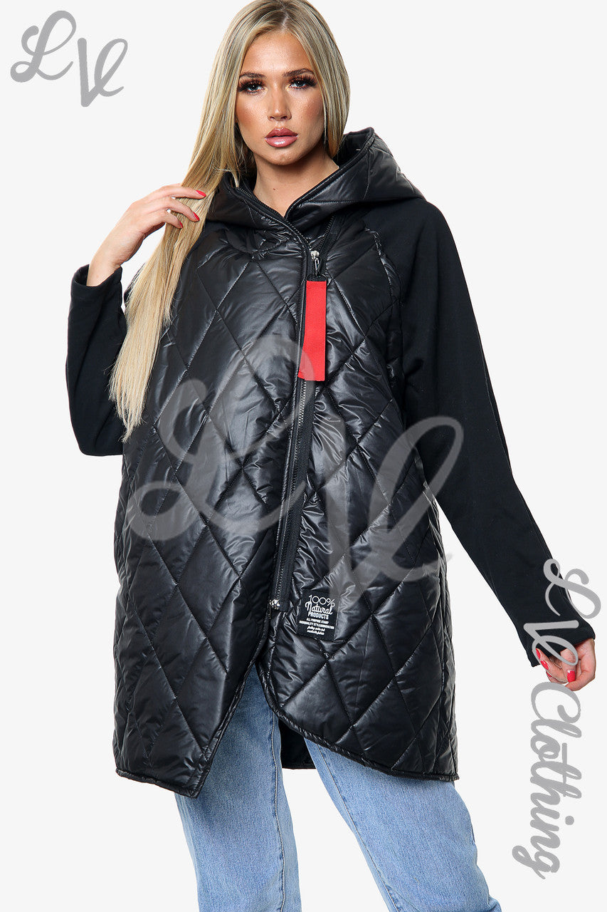 Dames gewatteerde jas met capuchon zwart eenheidsprijs £31,99