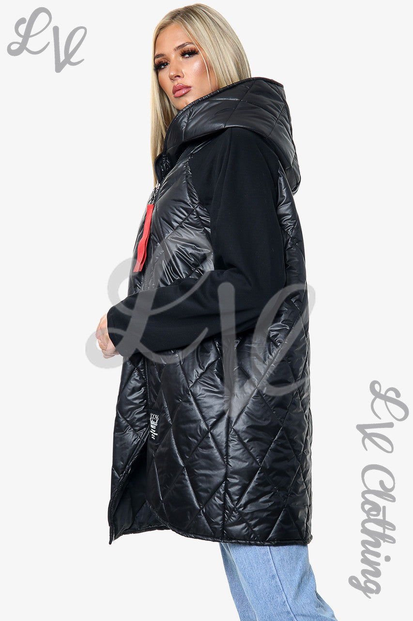 Dames gewatteerde jas met capuchon zwart eenheidsprijs £31,99