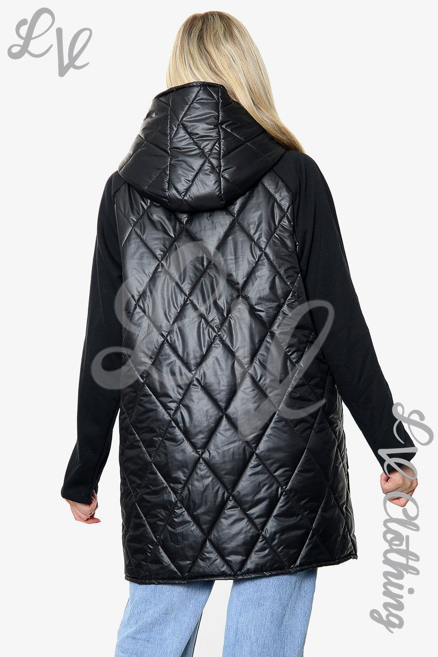 Dames gewatteerde jas met capuchon zwart eenheidsprijs £31,99