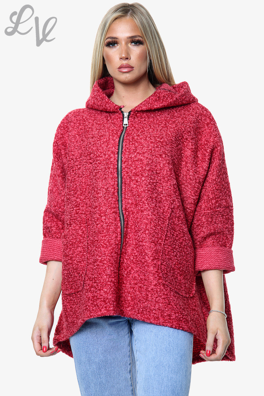 Dames teddybeer wollen blend jas met capuchon rood - Prijs per stuk € 16,99