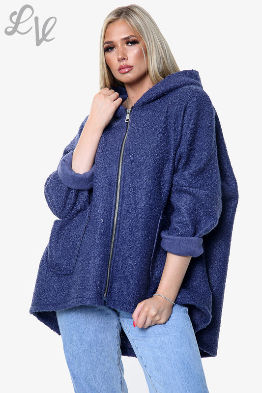 Dames Teddybeer Wollen Mix Hooded Jas Koningsblauw - Eenheidsprijs €16,99