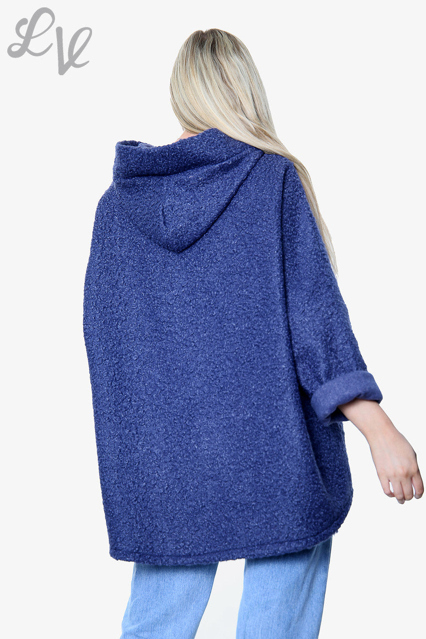 Dames Teddybeer Wollen Mix Hooded Jas Koningsblauw - Eenheidsprijs €16,99