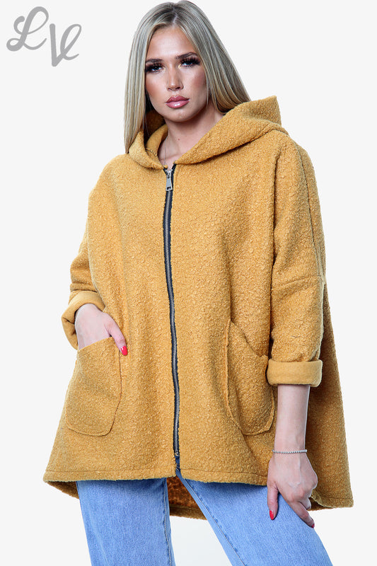 Dames Teddybeer Wollen Mix Jas met Capuchon Mosterd - Prijs per eenheid €16,99