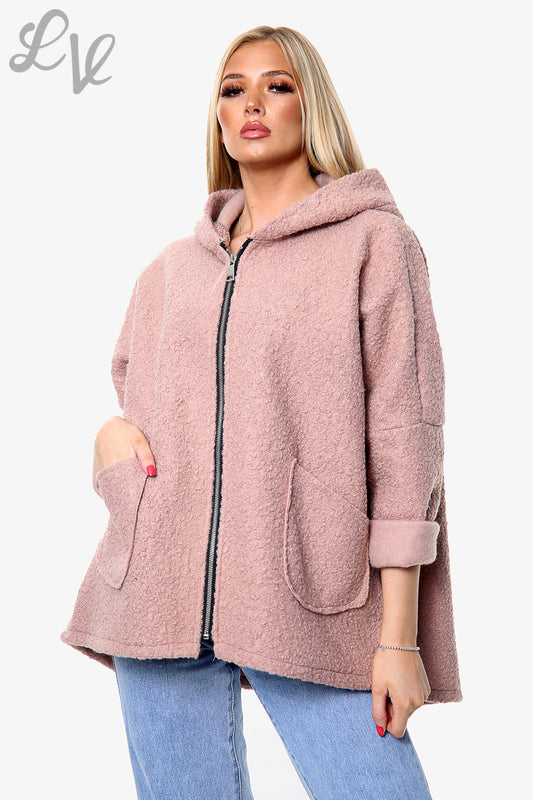 Dames Teddybeer Wollen Mix Hooded Jas Dusty Roze