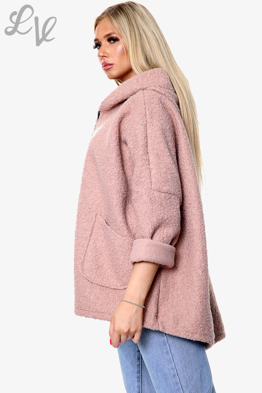 Dames Teddybeer Wollen Mix Hooded Jas Dusty Roze