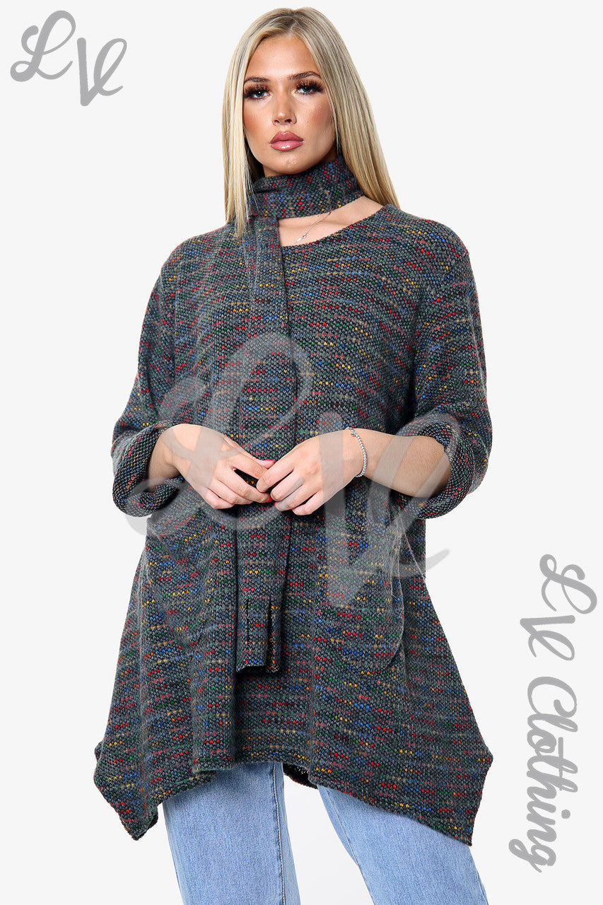 Dames Meerkleurige Gebreide Tuniek Trui Met Sjaal Houtskool 12.99£13.99