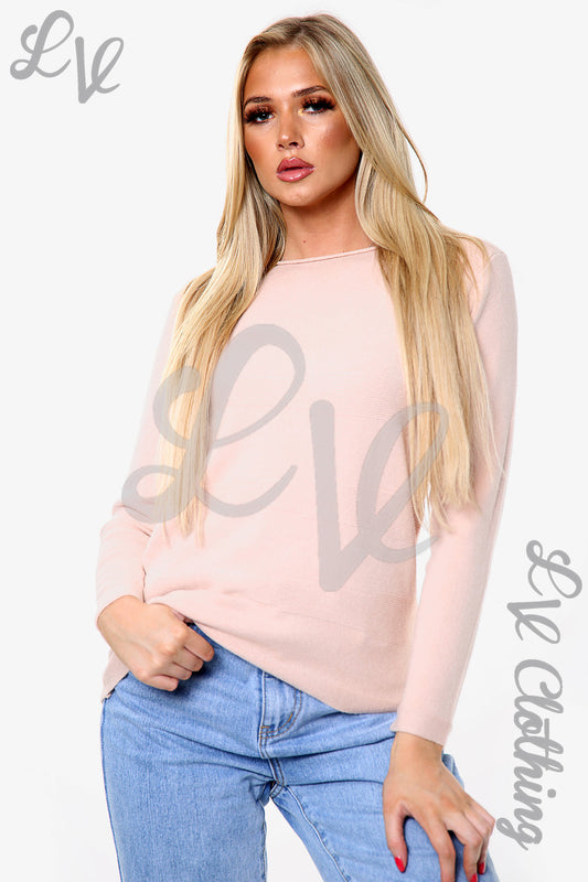 Dusty pink fine knit crewneck jumper top with long sleeves, shown front