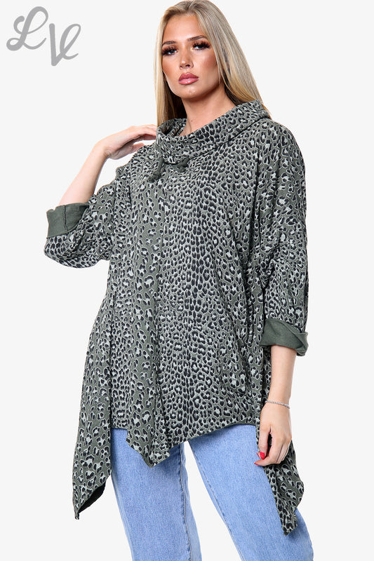 Ladies Cowl Neck Draped Animal Print Tunic Top Khaki Unit Price WAS £16.99 NOW £8.99
