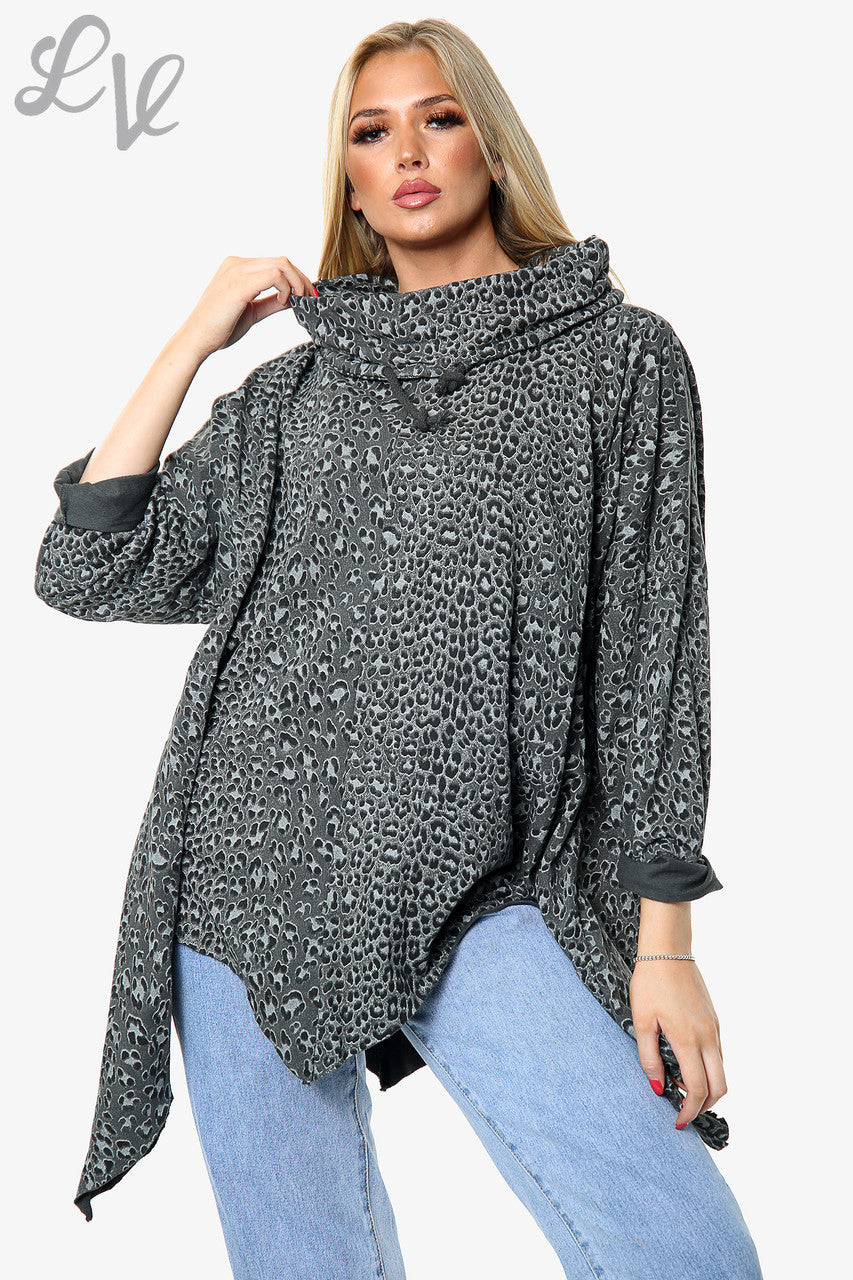 Dames Tuniek Top met Dierenprint, Watervalhals en Gedrapeerd Effect Houtskool Stukprijs WAS £16.99 NU £8.99