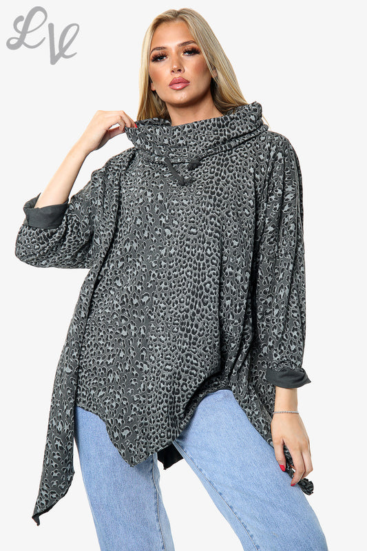 Ladies Cowl Neck Draped Animal Print Tunic Top Charcoal Unit Price WAS £16.99 NOW £8.99