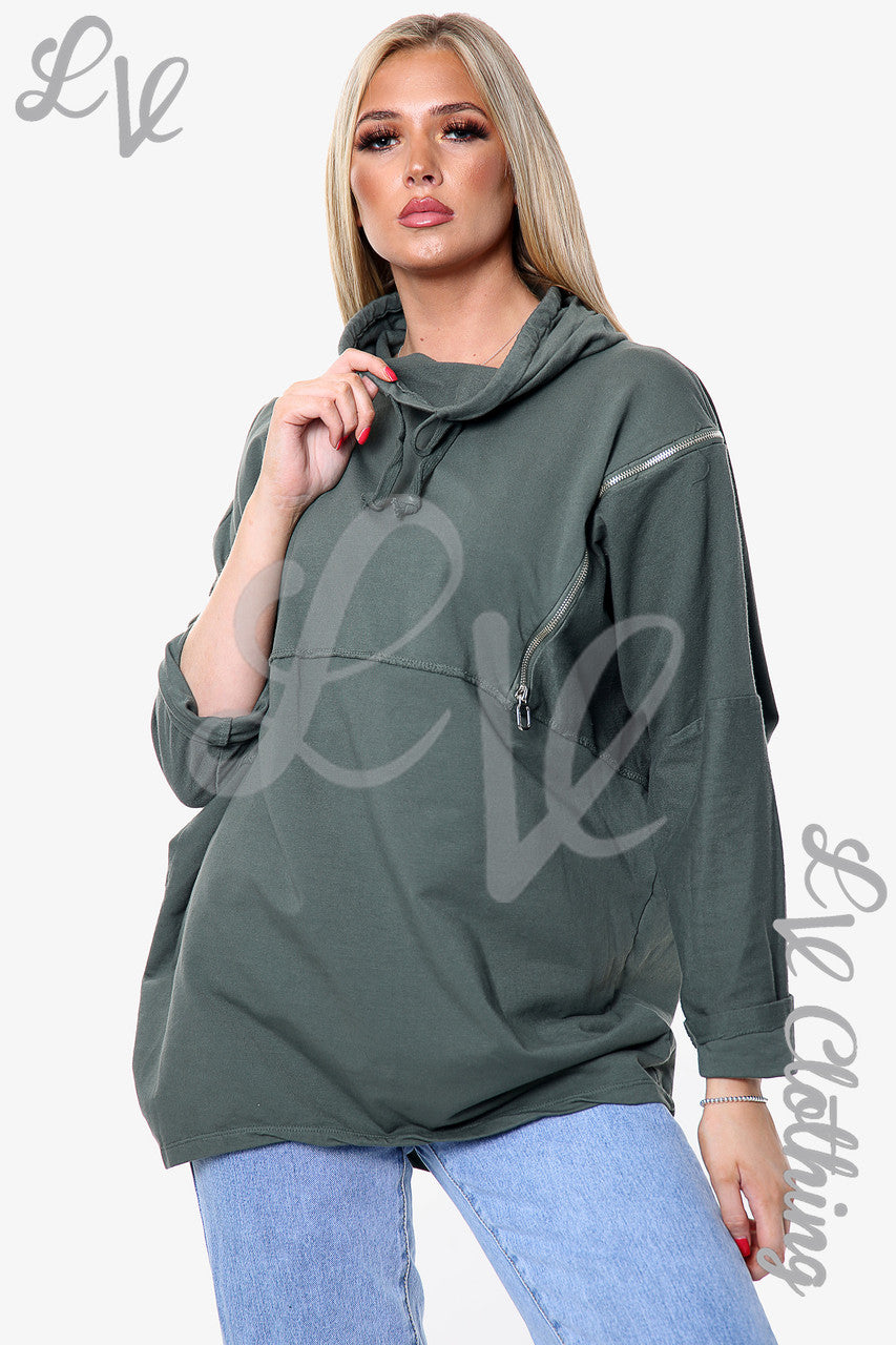 Ladies Zip Detail Hooded Sweatshirt Khaki - Unit Price £13.99