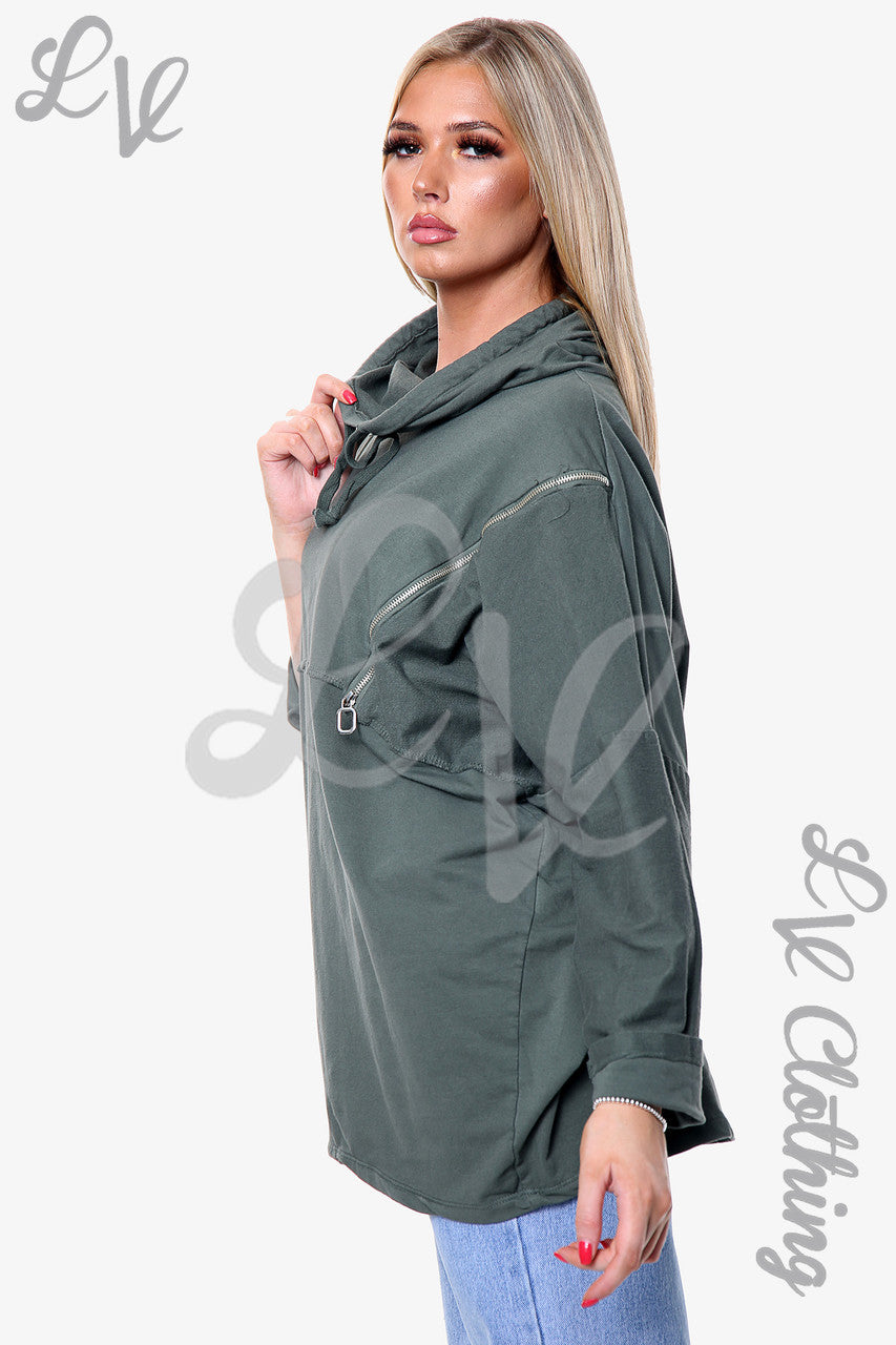 Ladies Zip Detail Hooded Sweatshirt Khaki - Unit Price £13.99