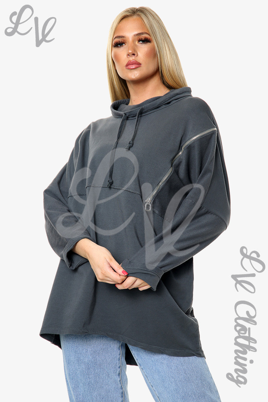 Ladies Zip Detail Hooded Sweatshirt Charcoal - Unit Price £13.99