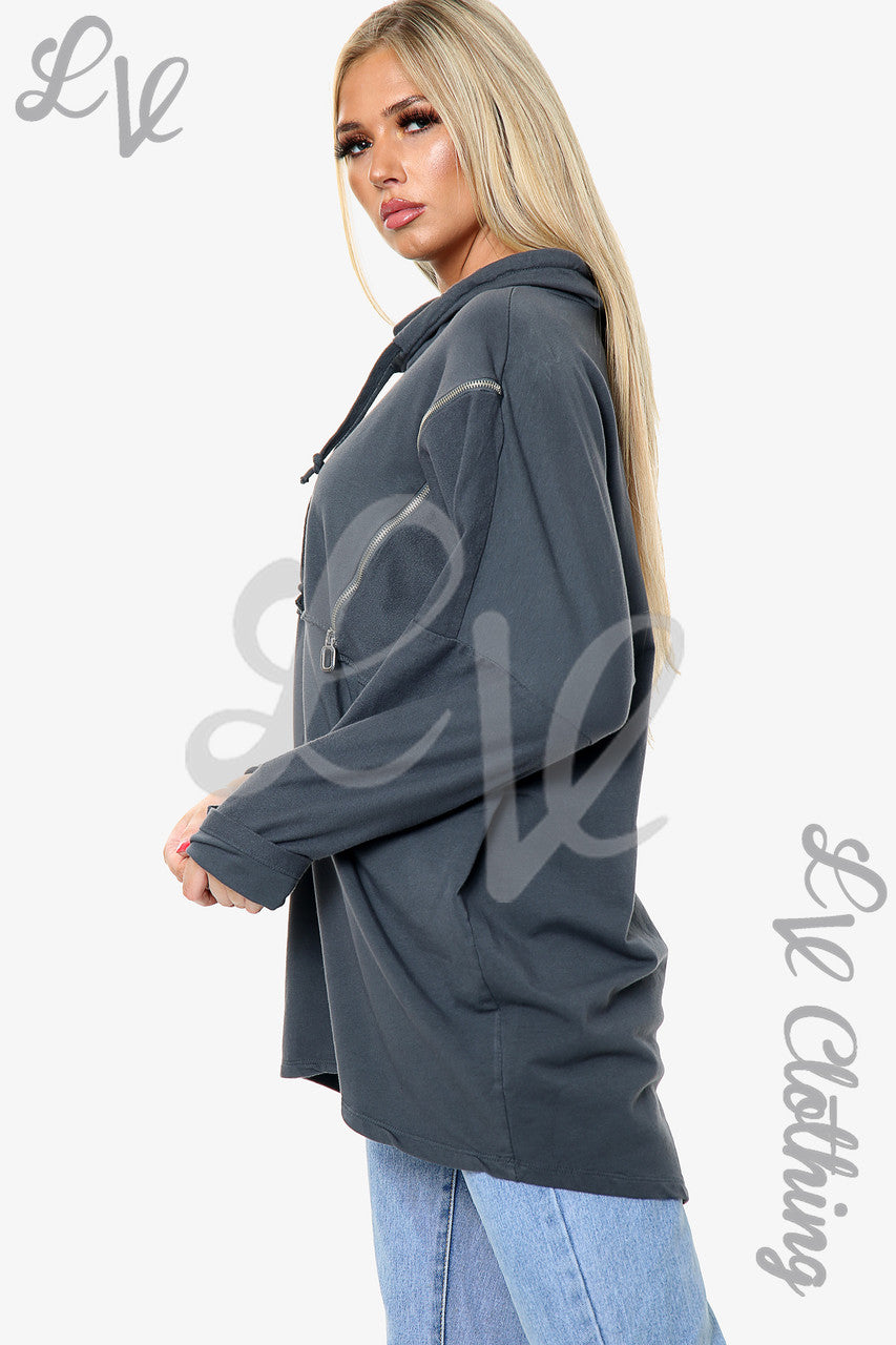 Ladies Zip Detail Hooded Sweatshirt Charcoal - Unit Price £13.99
