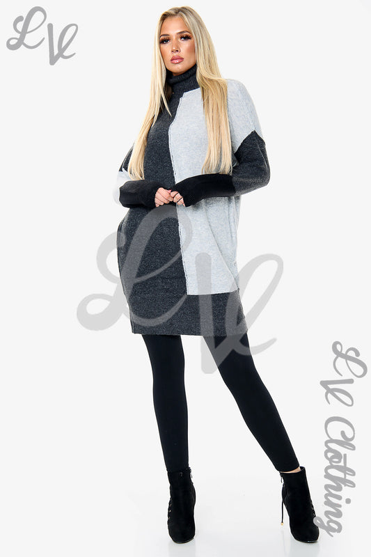 Ladies colour block knitted tunic dress in light and dark grey, long sleeves