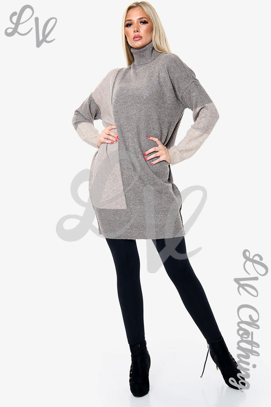 Grey colour-block knitted tunic dress with batwing sleeves and side panels, knee length