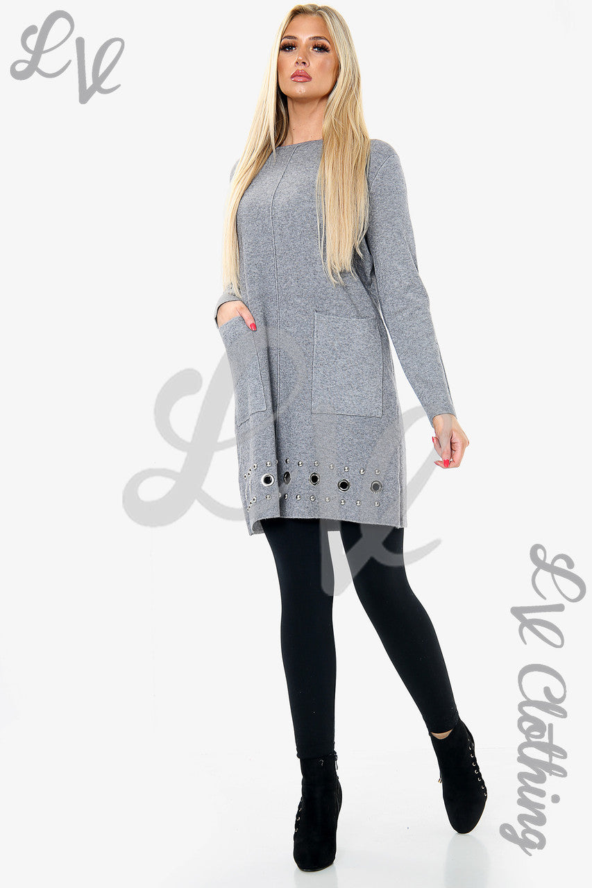 Dames gebreide jurk met zilveren studs en zoomdetails grijs - eenheidsprijs €25,99