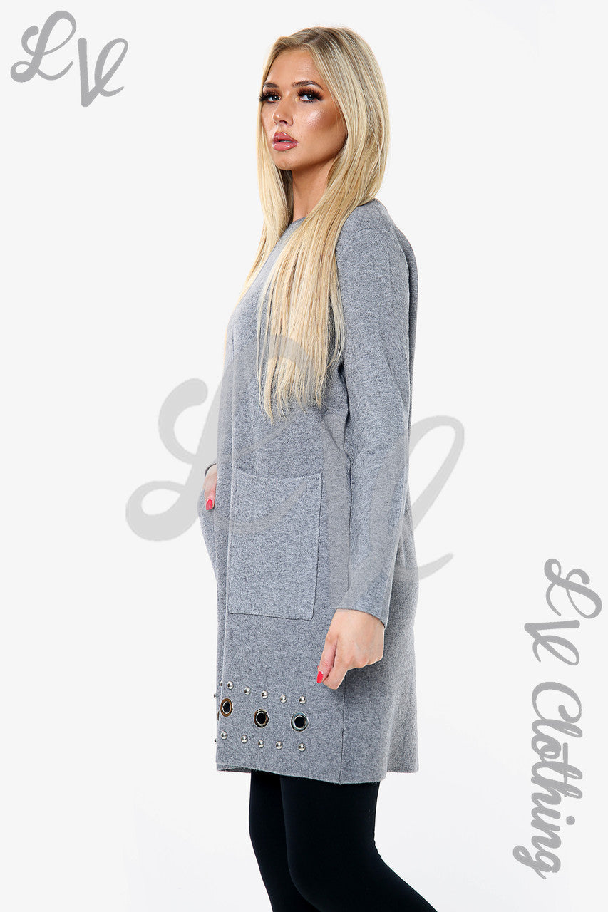 Dames gebreide jurk met zilveren studs en zoomdetails grijs - eenheidsprijs €25,99