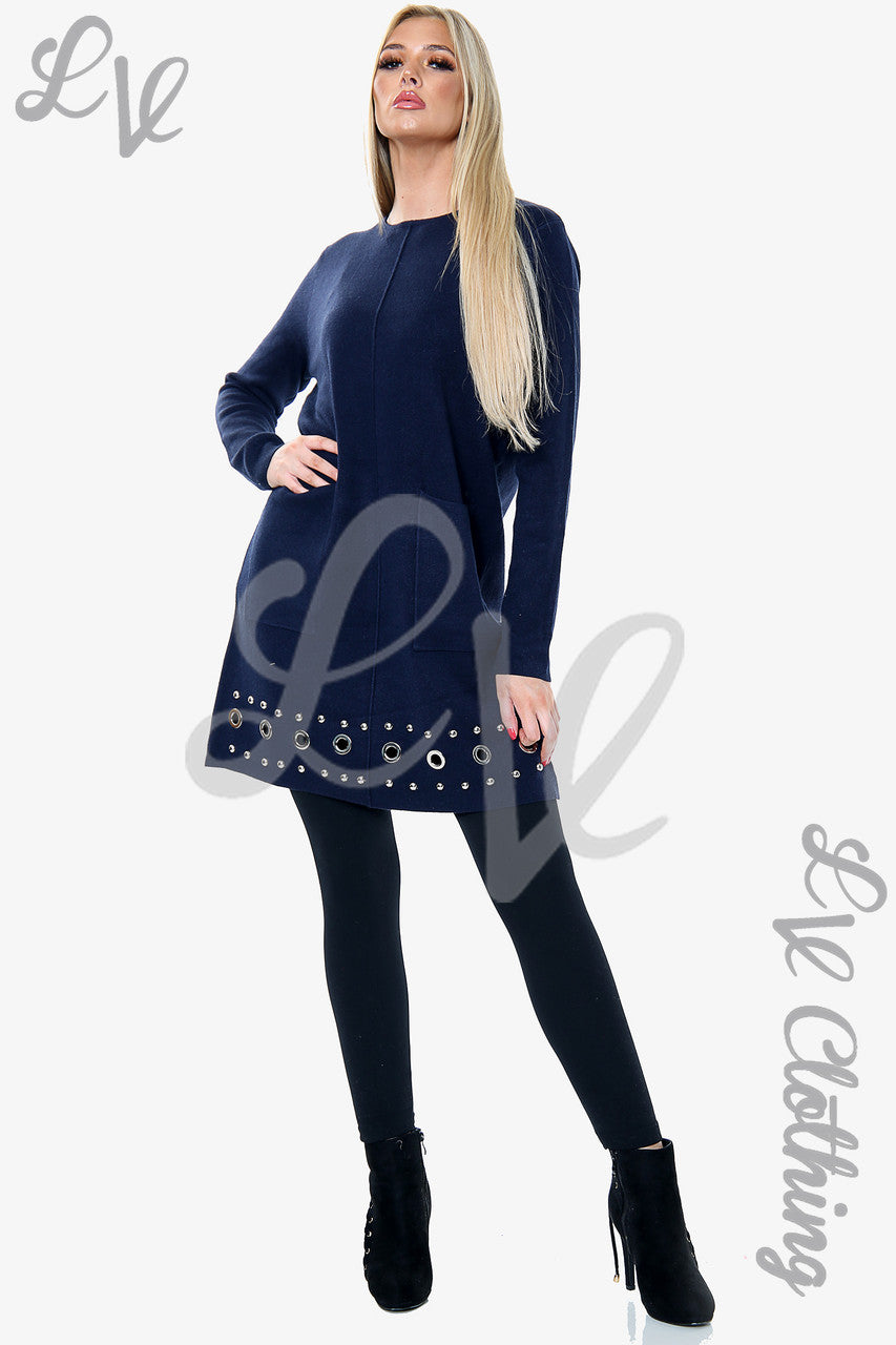 Dames Gebreide Jurk Met Zilveren Studs Navy - Prijs per eenheid €25,99