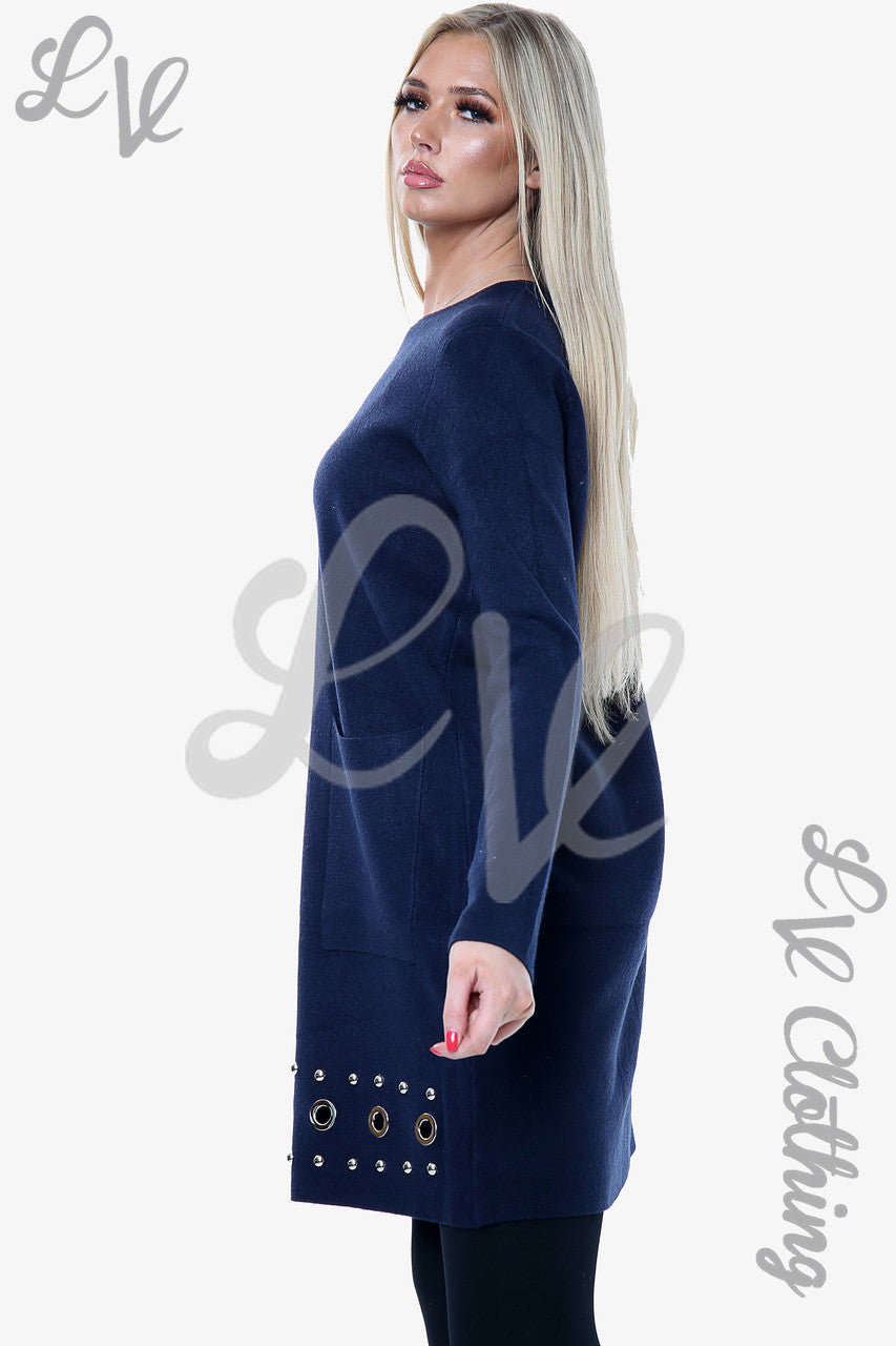 Dames Gebreide Jurk Met Zilveren Studs Navy - Prijs per eenheid €25,99