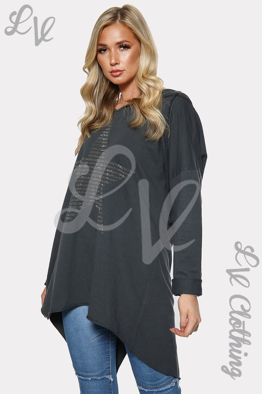 Charcoal hooded jumper top with silver sequin star, long sleeves, relaxed fit