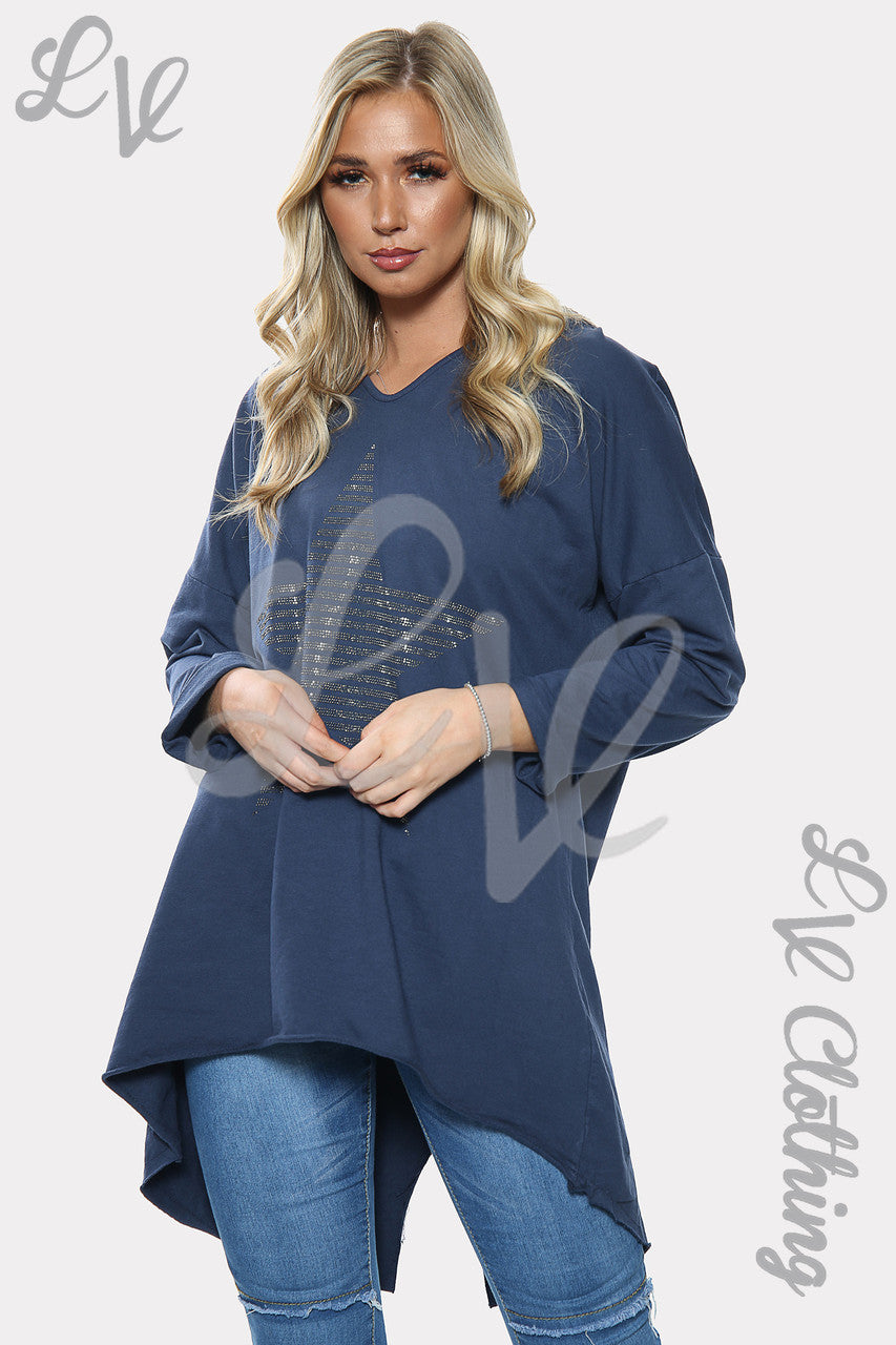 Dames zilveren hoodie met sterrenpailletten marineblauw stukprijs € 14,99
