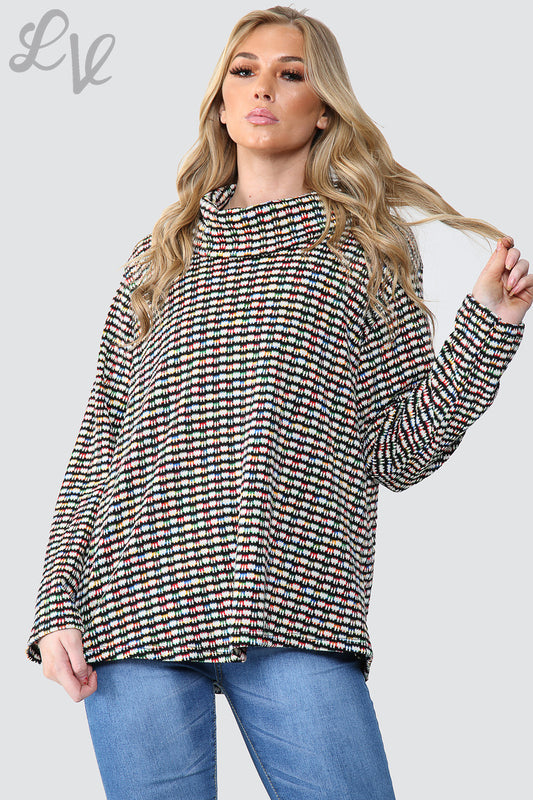 Multicoloured knitted cowl neck jumper top with long sleeves and ribbed hem