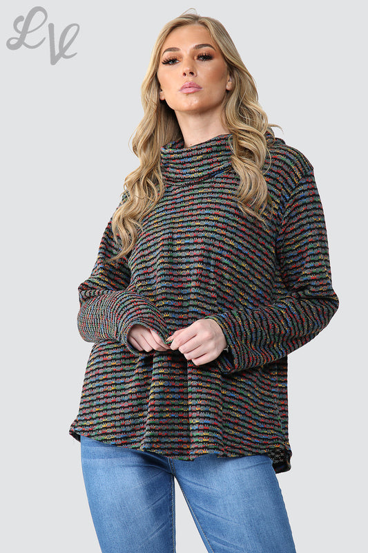 Ladies cowl-neck knitted jumper in dark multicolor stripe knit, long sleeves, relaxed fit