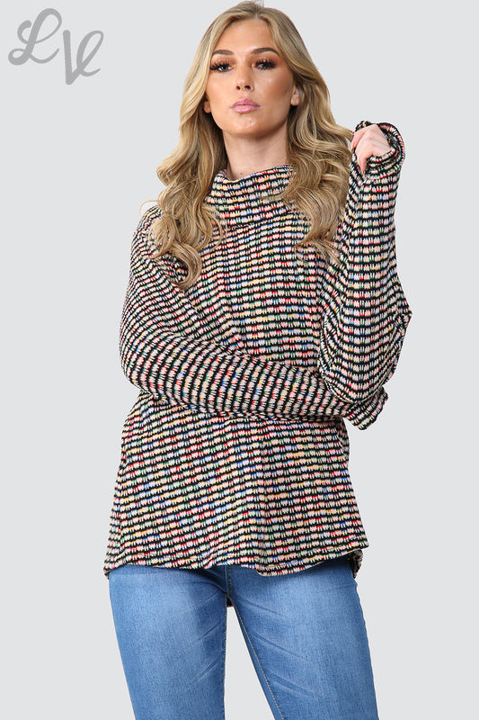 Multicoloured knitted cowl neck jumper with long sleeves, relaxed fit