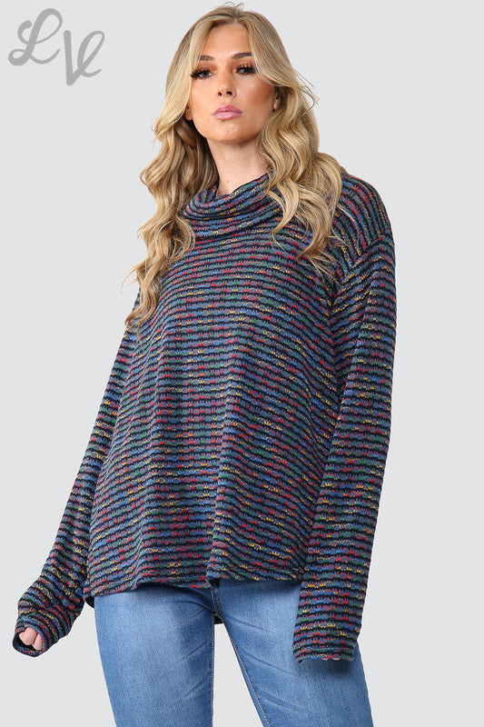 Multicoloured knitted cowl neck jumper with long sleeves, relaxed fit, ribbed hem