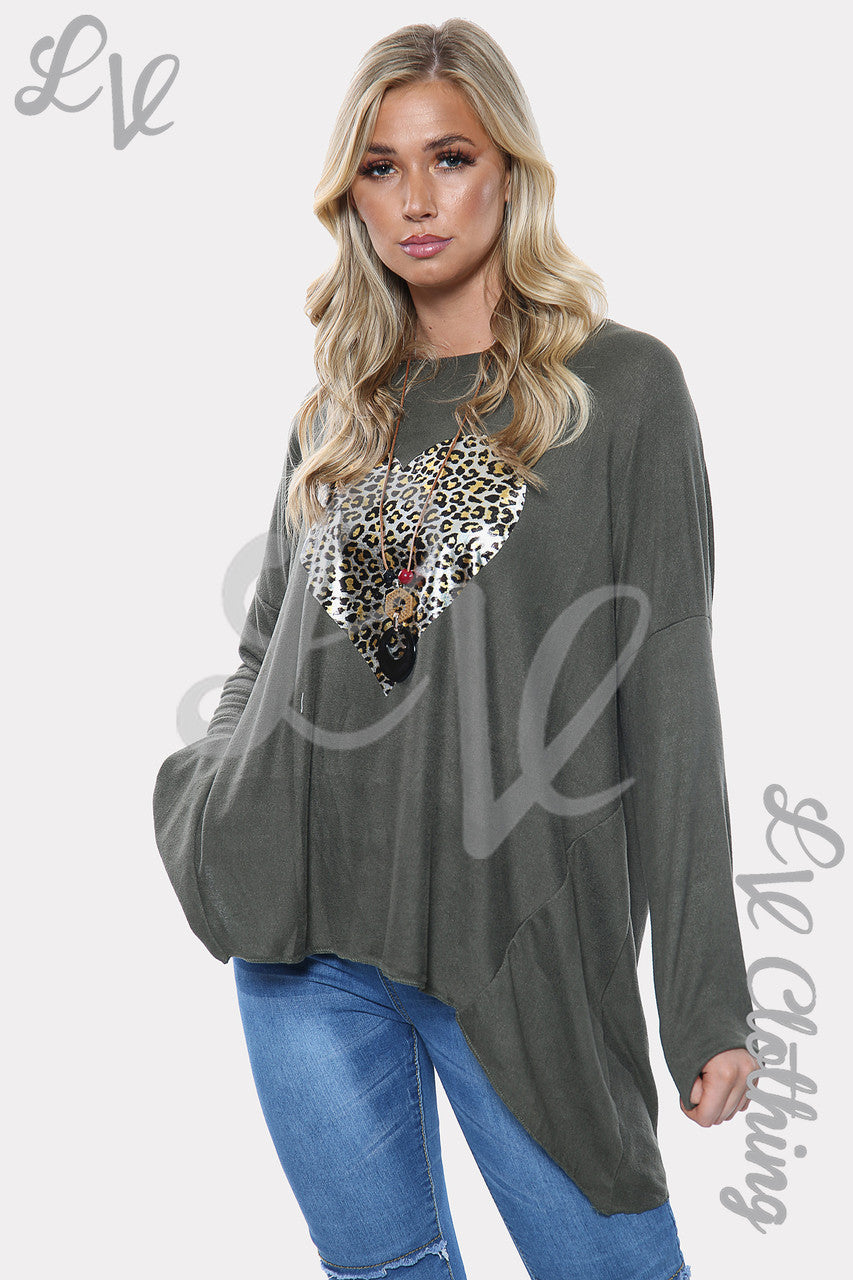 Dames Luipaard Hartprint Sweatshirt Top Kaki Eenheidsprijs € 9,99