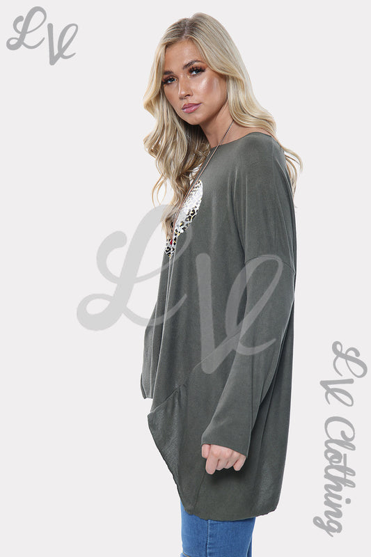 Dark grey sweatshirt with leopard heart print, long sleeves, crew neckline