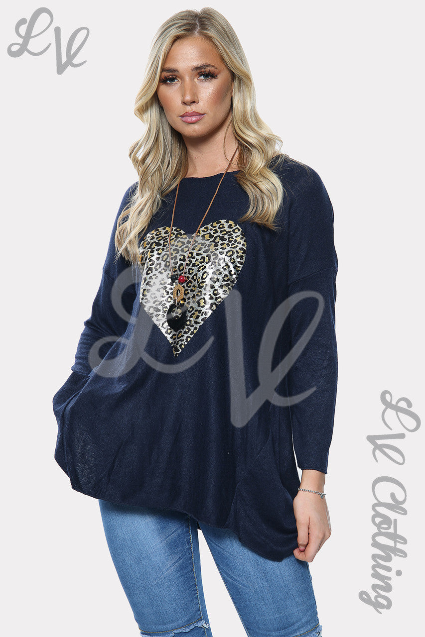 Dames sweatshirt met luipaardhartprint Navy Stukprijs € 9,99