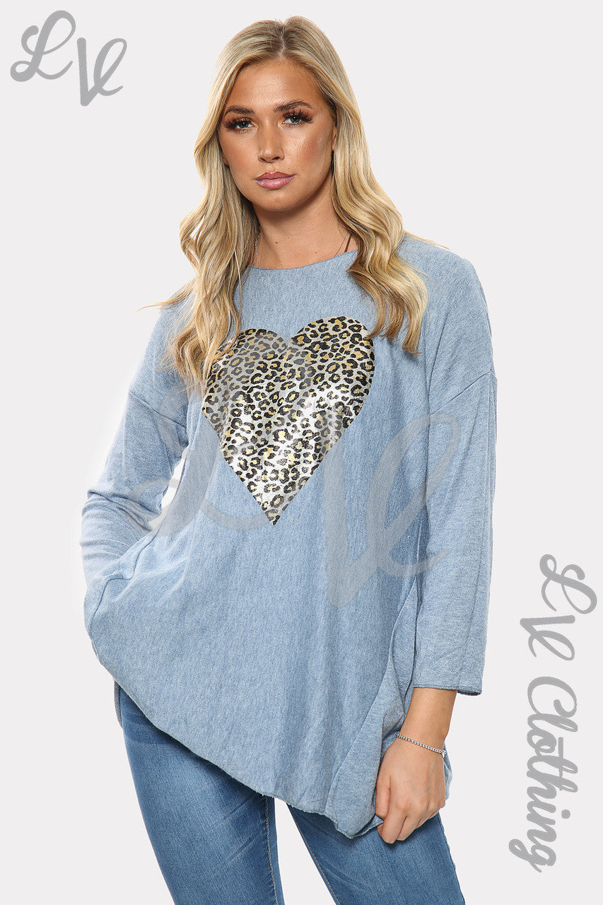 Dames sweatshirt met luipaardhartprint Sky Blue Stukprijs € 9,99