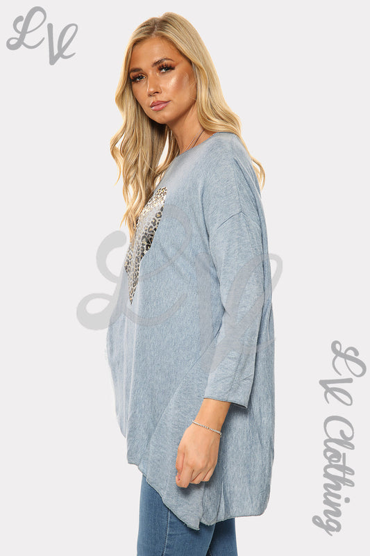 Sky blue sweatshirt with leopard heart print, crew neck, long sleeves