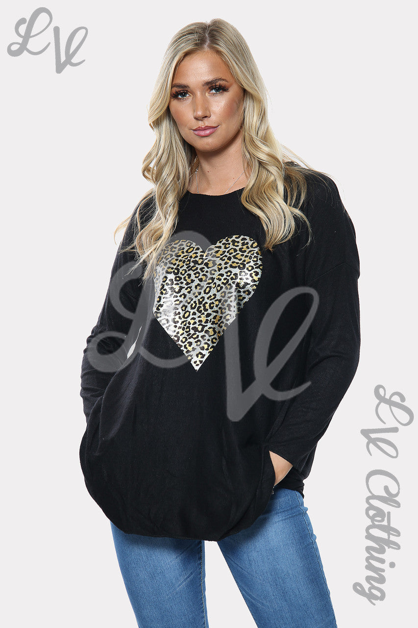 Dames sweatshirt met luipaardhartprint zwart stukprijs € 9,99