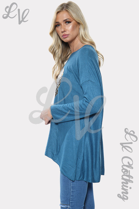 Teal leopard heart-print sweatshirt with long sleeves, side view