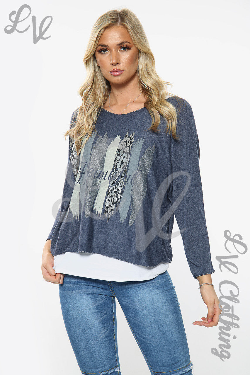 Dames Twee Laags Mooie Slogan Top Marineblauw Stukprijs € 10,99